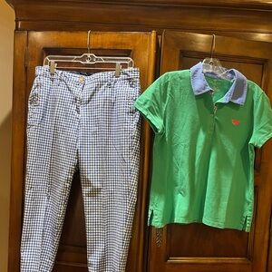 Green Polo Shirt with Blue Collar